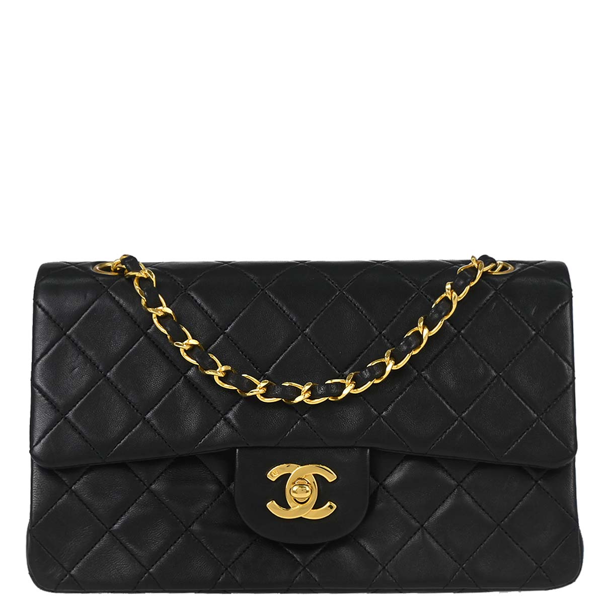 Chanel 1989-1991 Black Lambskin Small Classic Double Flap Shoulder Bag