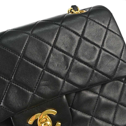 Chanel 1989-1991 Black Lambskin Small Classic Double Flap Shoulder Bag