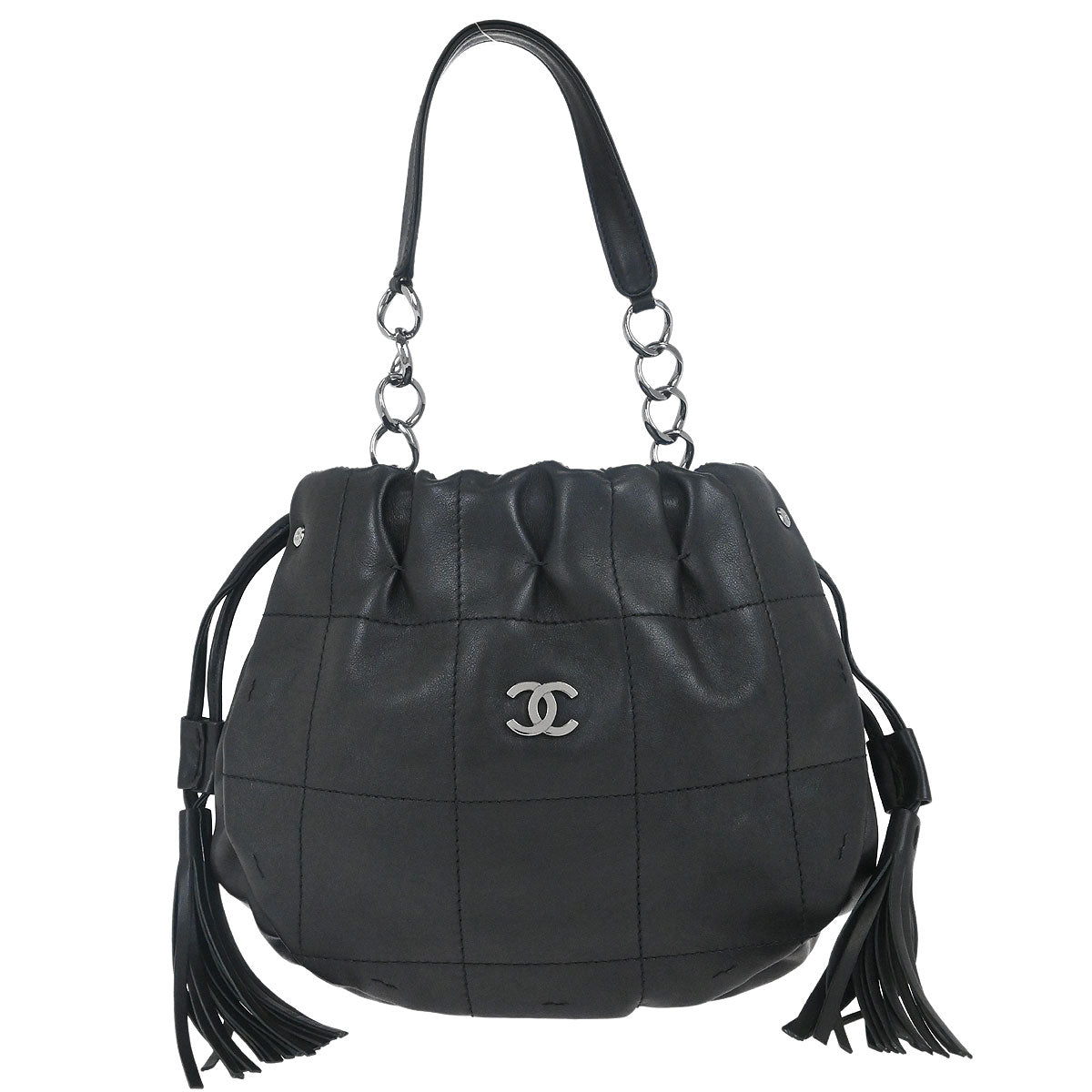 Chanel 2003-2004 Black Lambskin Choco Bar Drawstring Handbag