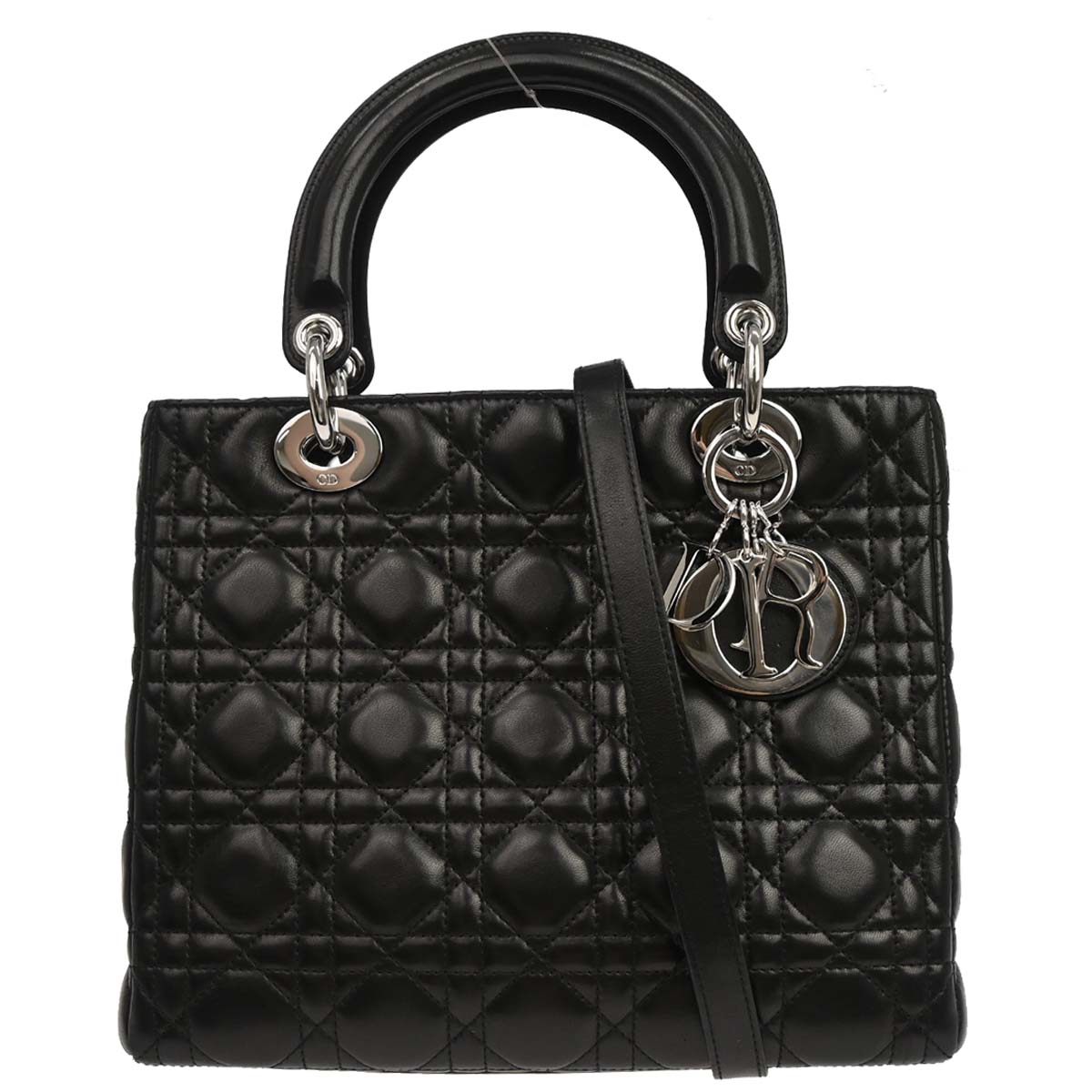 Christian Dior Black Lambskin Medium Lady Dior Cannage 2way Shoulder Handbag