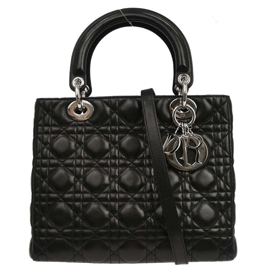 Christian Dior Black Lambskin Medium Lady Dior Cannage 2way Shoulder Handbag