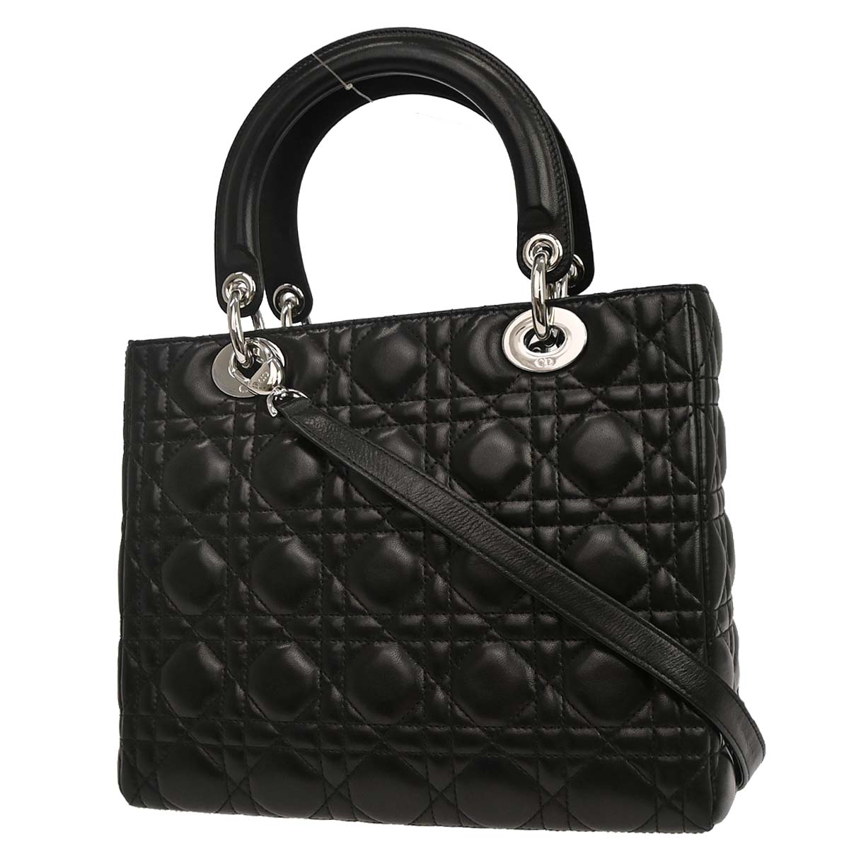 Christian Dior Black Lambskin Medium Lady Dior Cannage 2way Shoulder Handbag