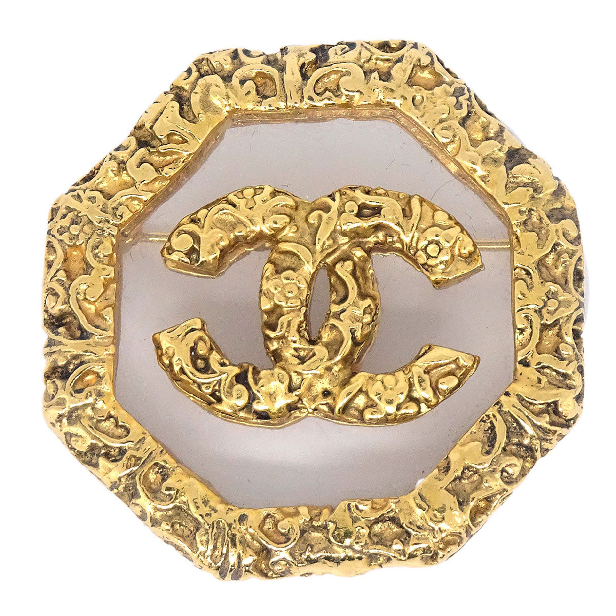 Chanel Octagonal Brooch Pin Gold Clear 93A
