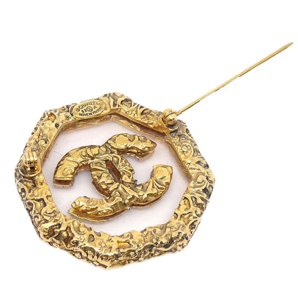 Chanel Octagonal Brooch Pin Gold Clear 93A