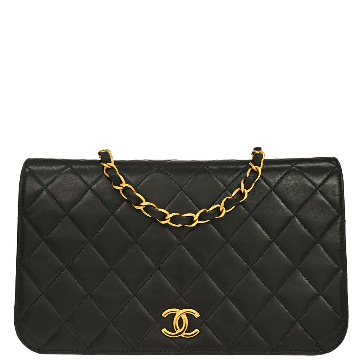 Chanel 1994-1996 Black Lambskin Pushlock Small Full Flap Shoulder Bag