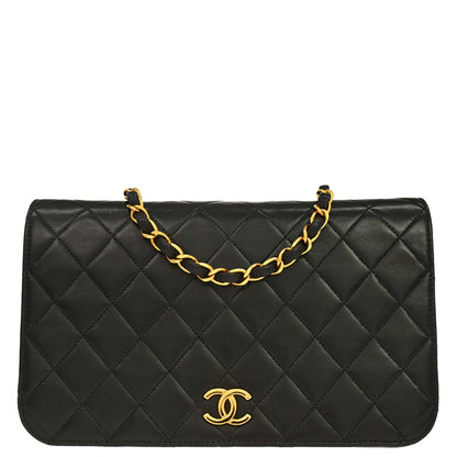 Chanel 1994-1996 Black Lambskin Pushlock Small Full Flap Shoulder Bag