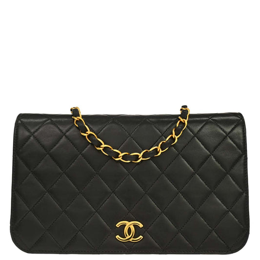 Chanel 1994-1996 Black Lambskin Pushlock Small Full Flap Shoulder Bag
