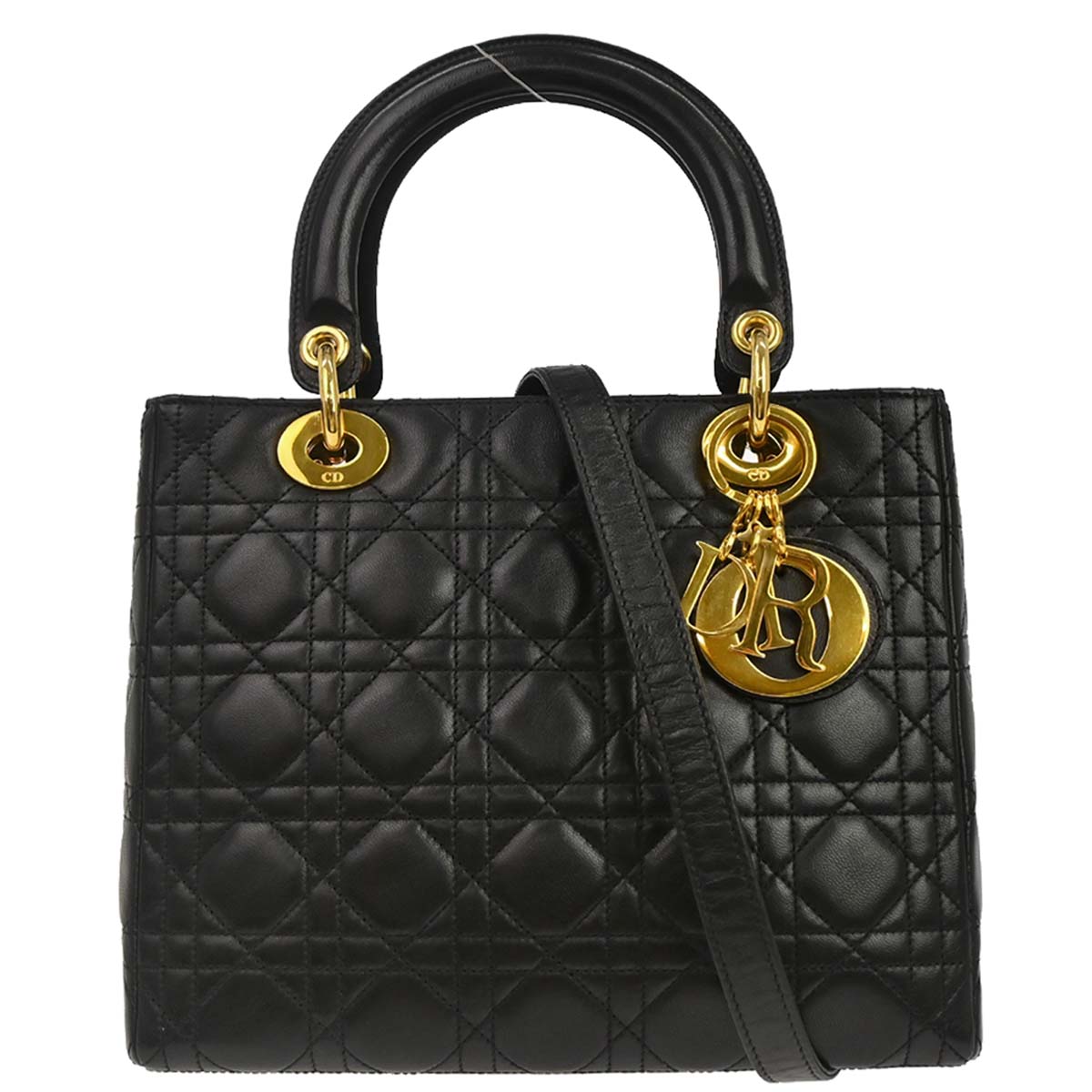 Christian Dior Black Lambskin Medium Lady Dior Cannage 2way Shoulder Handbag