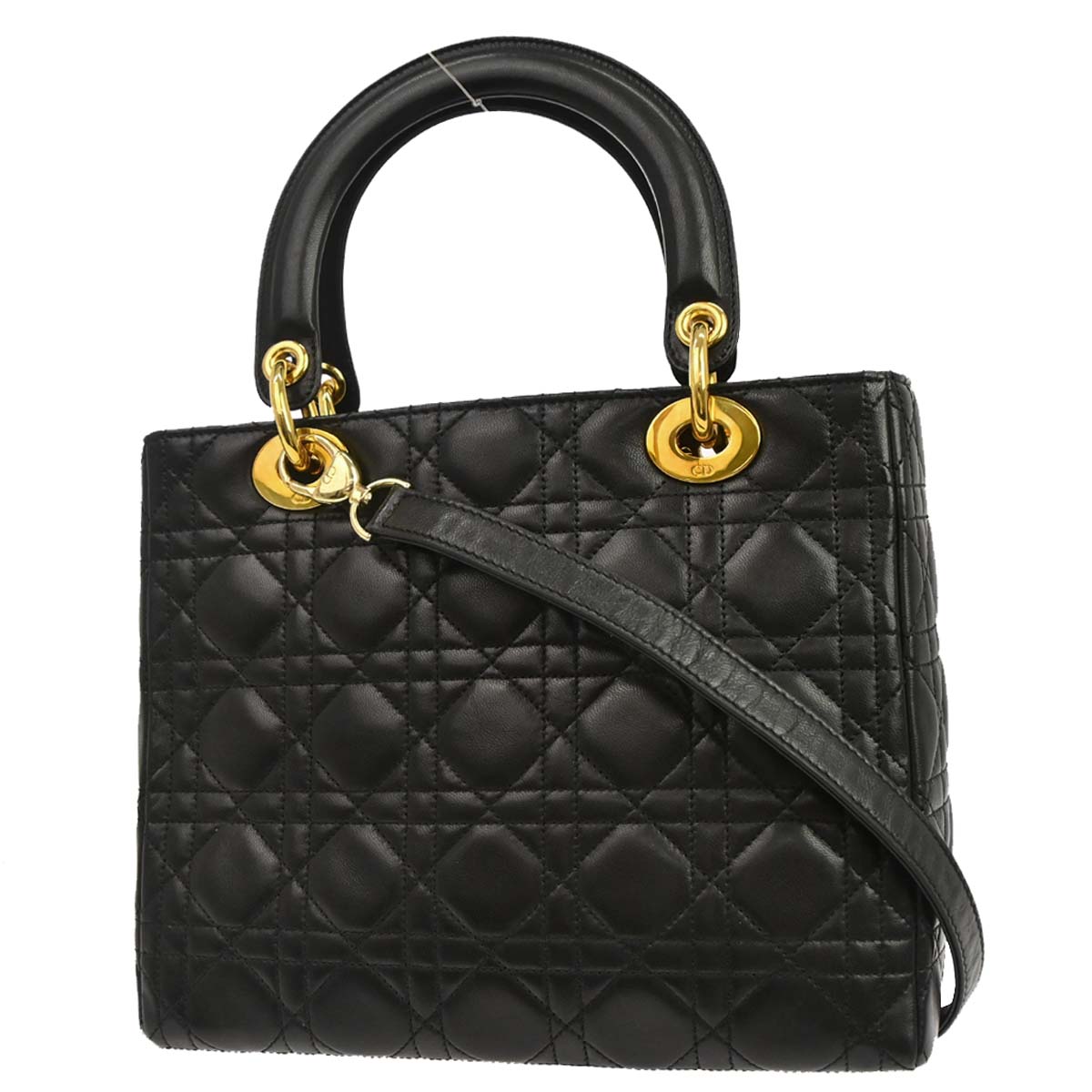 Christian Dior Black Lambskin Medium Lady Dior Cannage 2way Shoulder Handbag