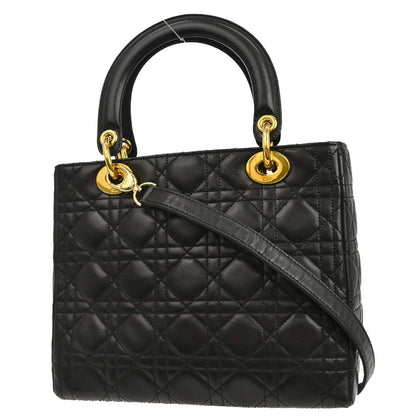 Christian Dior Black Lambskin Medium Lady Dior Cannage 2way Shoulder Handbag