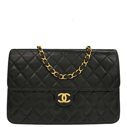 Chanel 1994-1996 Black Lambskin Pushlock Medium Half Flap Shoulder Bag