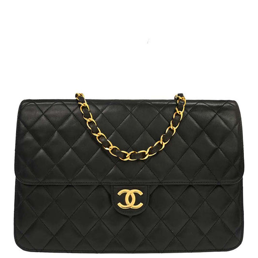 Chanel 1994-1996 Black Lambskin Pushlock Medium Half Flap Shoulder Bag