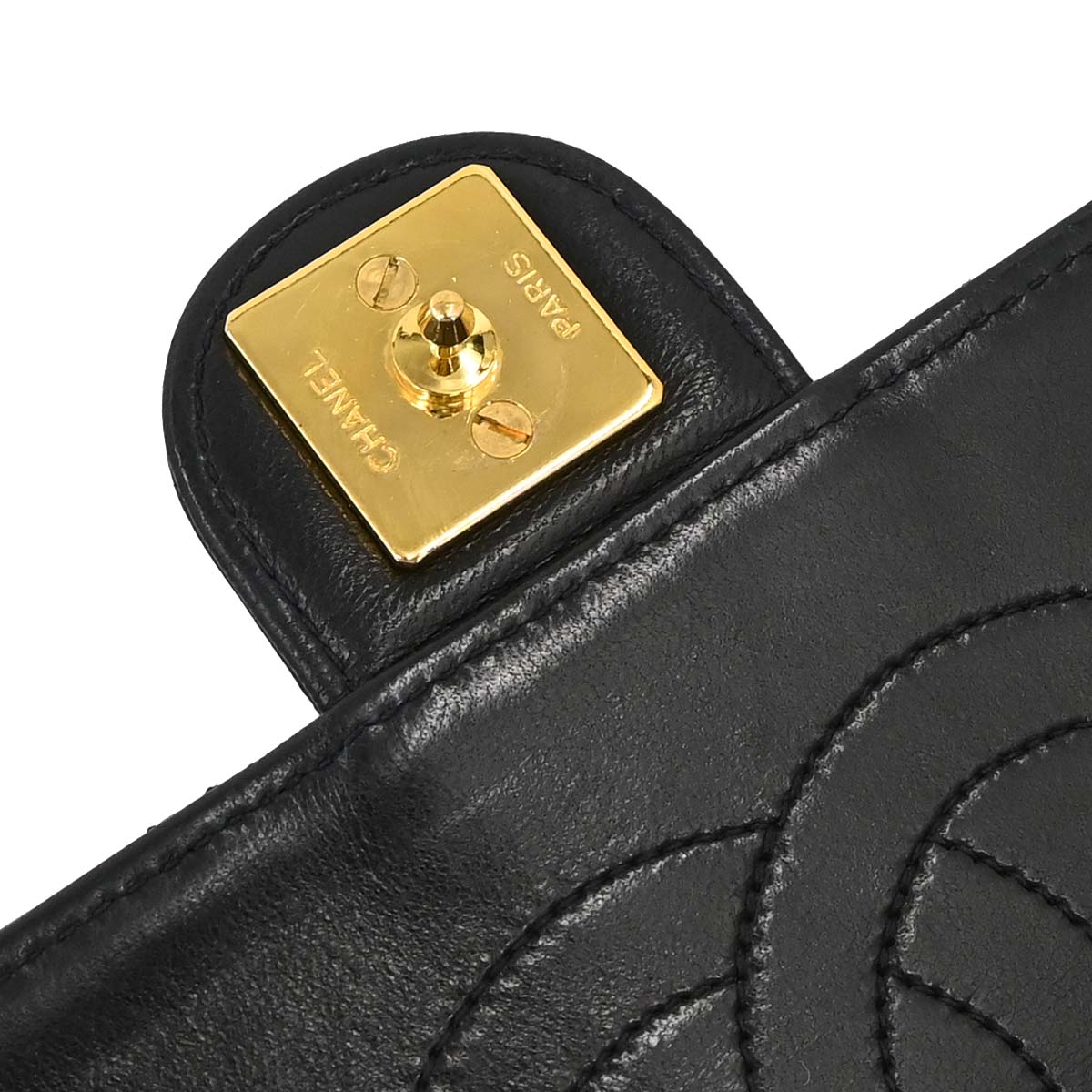 Chanel 1994-1996 Black Lambskin Pushlock Medium Half Flap Shoulder Bag