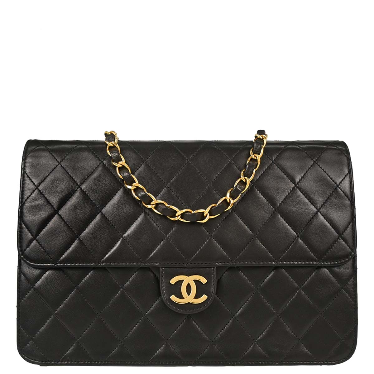 Chanel Black Lambskin Pushlock Medium Half Flap Shoulder Bag