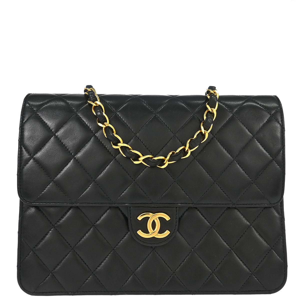 Chanel 1991-1994 Black Lambskin Pushlock Small Half Flap Shoulder Bag