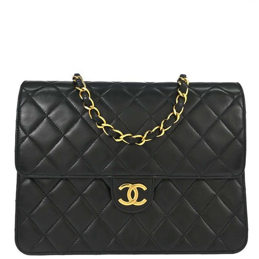 Chanel 1991-1994 Black Lambskin Pushlock Small Half Flap Shoulder Bag