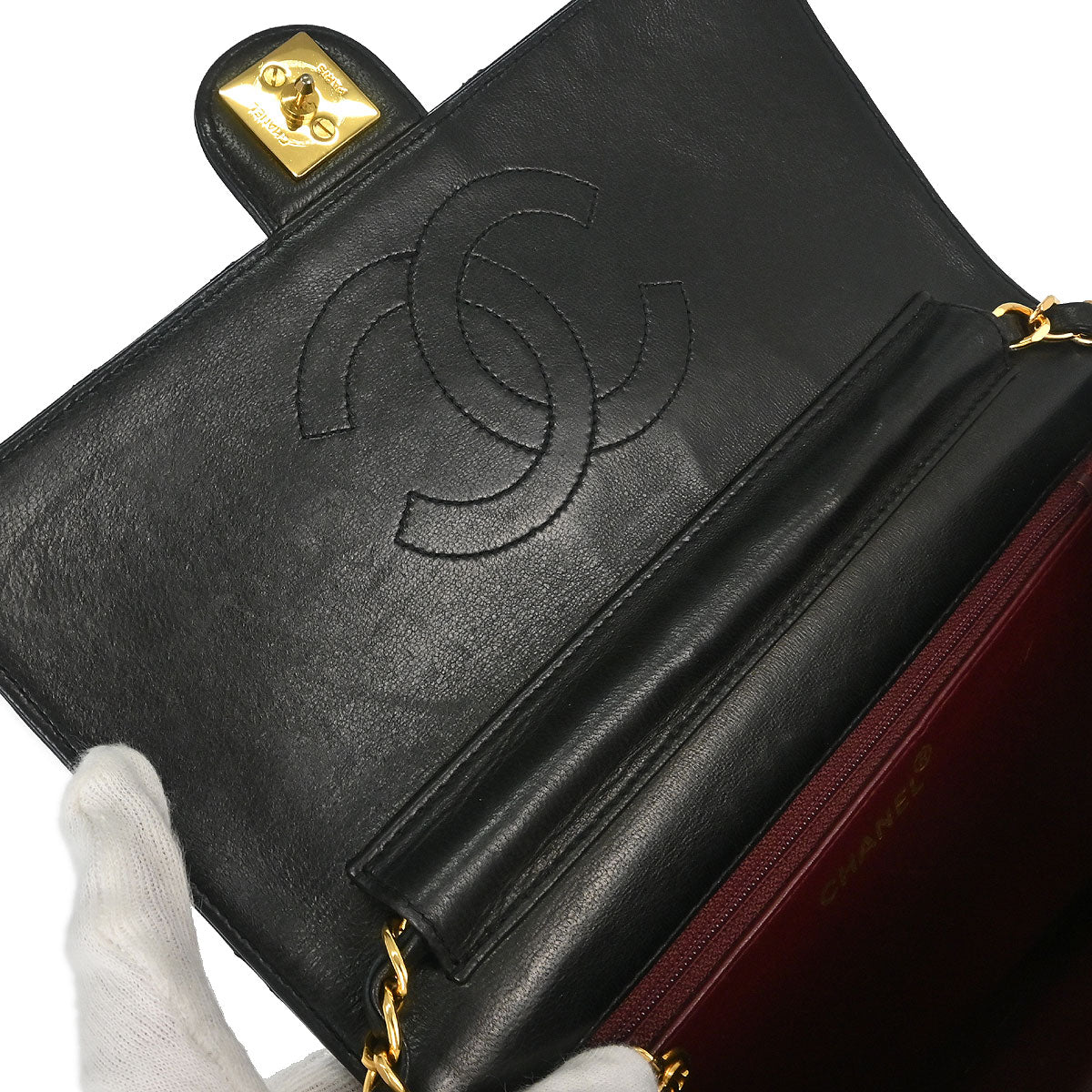 Chanel 1991-1994 Black Lambskin Pushlock Small Half Flap Shoulder Bag
