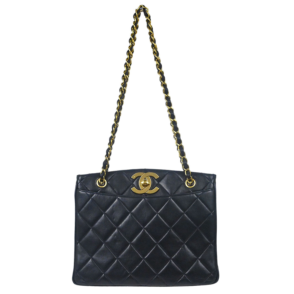 Chanel 1994-1996 Navy Lambskin Chain Tote Shoulder Bag