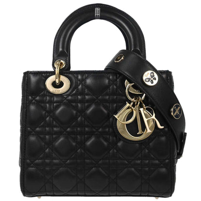Christian Dior Black Lambskin Small Lady Dior Cannage 2way Shoulder Handbag