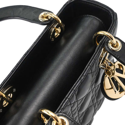 Christian Dior Black Lambskin Small Lady Dior Cannage 2way Shoulder Handbag