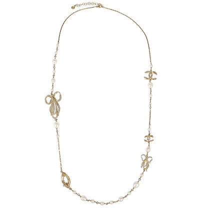Chanel Chain Necklace Gold Rhinestone Costume Pearl CC Bow 13C