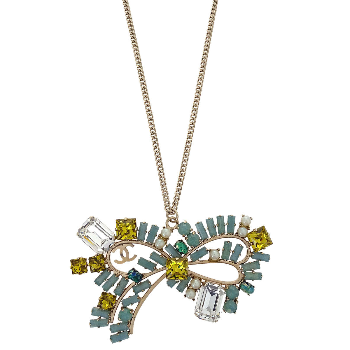 Chanel Bow Pendant Necklace Rhinestone Gold 05P