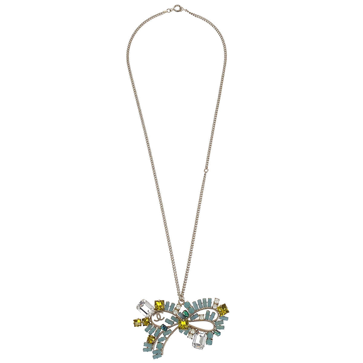 Chanel Bow Pendant Necklace Rhinestone Gold 05P