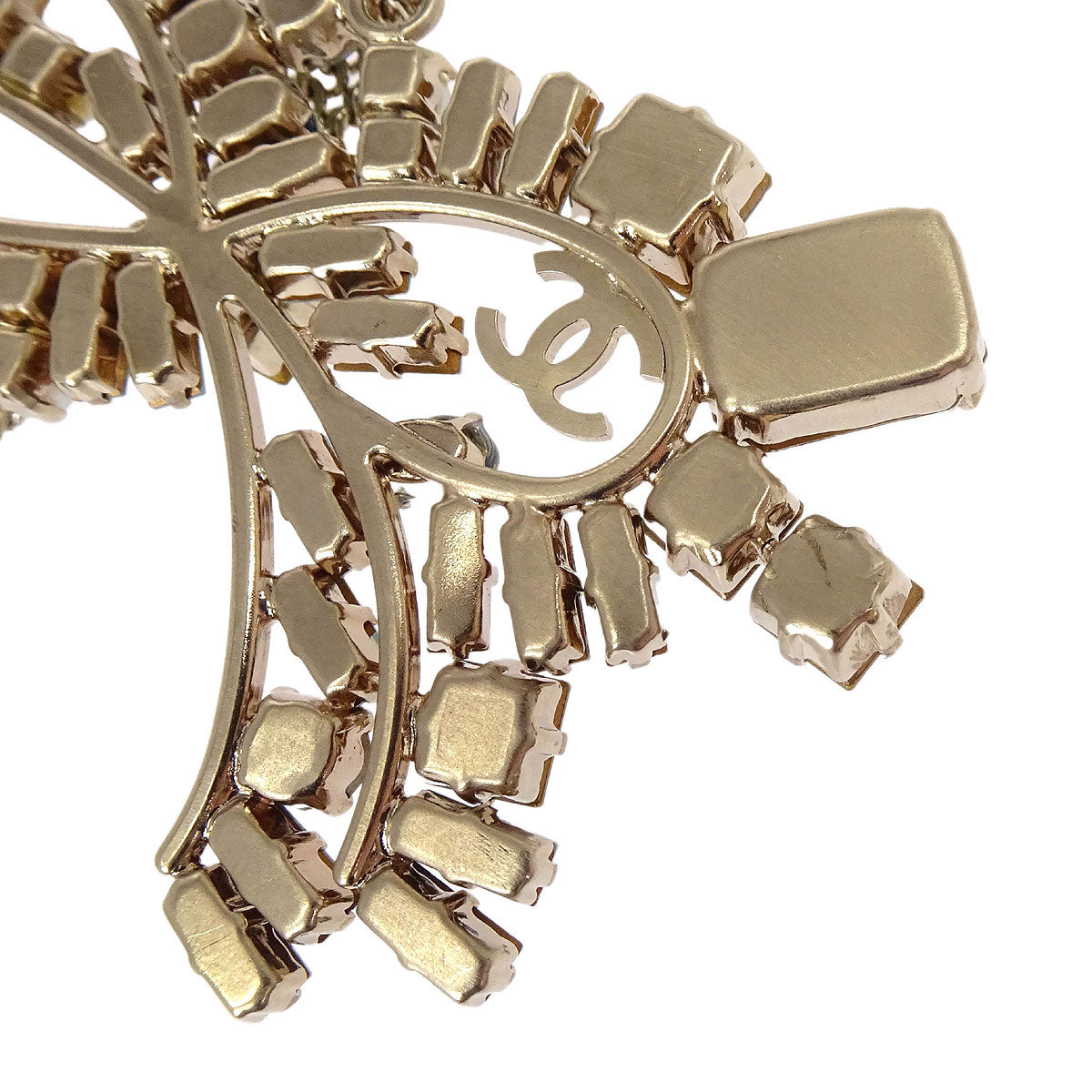 Chanel Bow Pendant Necklace Rhinestone Gold 05P