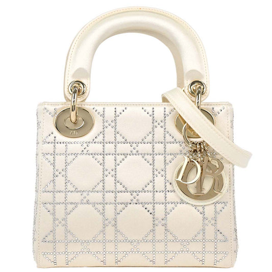 Christian Dior Ivory Satin Small Lady Dior 2way Shoulder Handbag