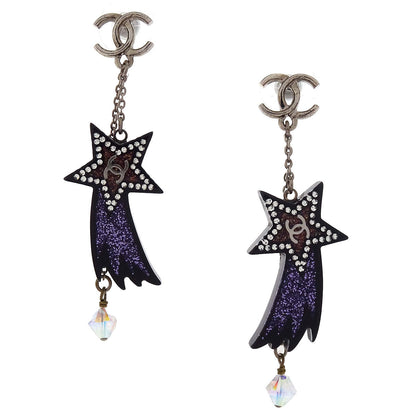 Chanel CC Shooting Star Dangle Pierced Earrings Silver 17K