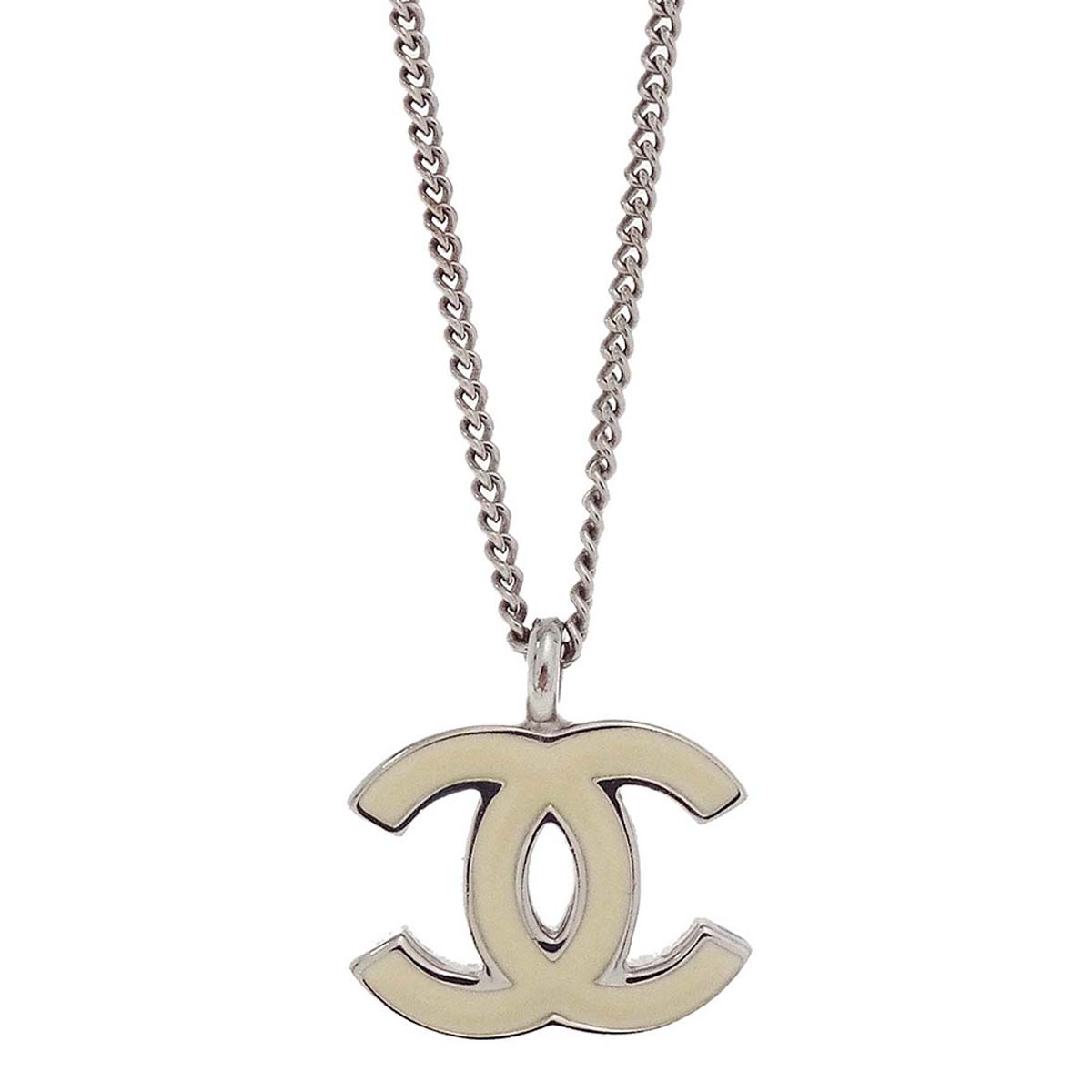 Chanel CC Chain Necklace Silver White 02C