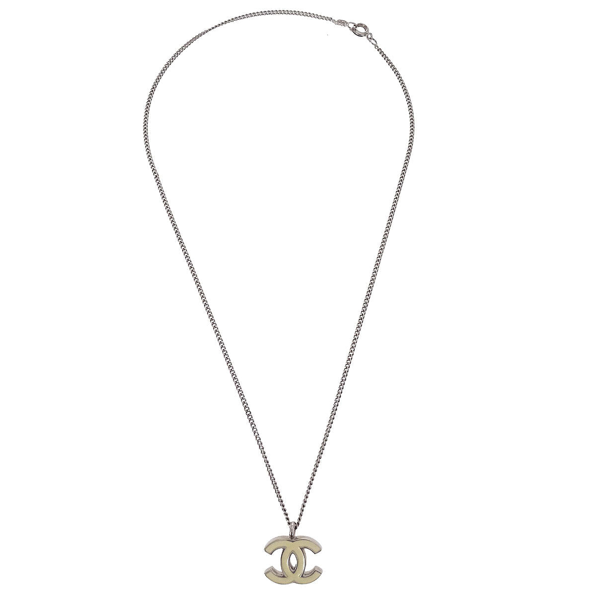 Chanel CC Chain Necklace Silver White 02C
