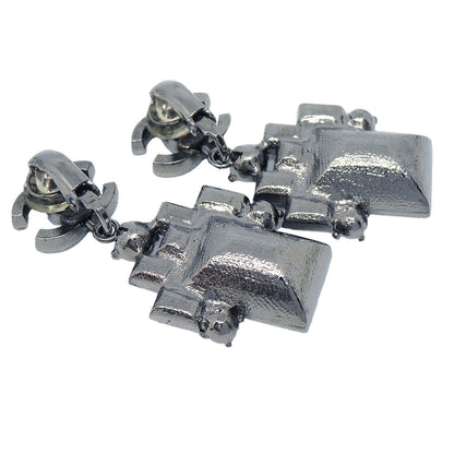 Chanel CC Clip-On Earrings Dangle Silver Rhinestone 05P