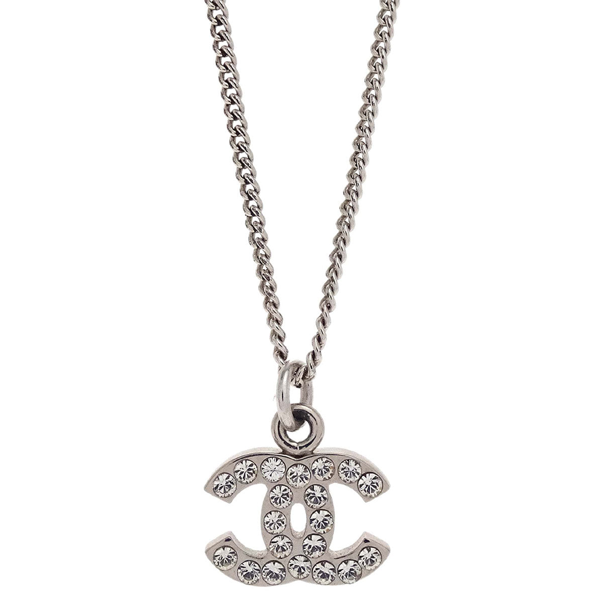 Chanel CC Chain Necklace Pendant Silver Rhinestone 07V
