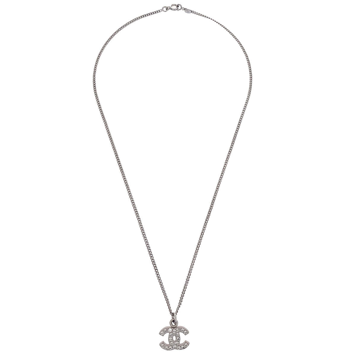 Chanel CC Chain Necklace Pendant Silver Rhinestone 07V