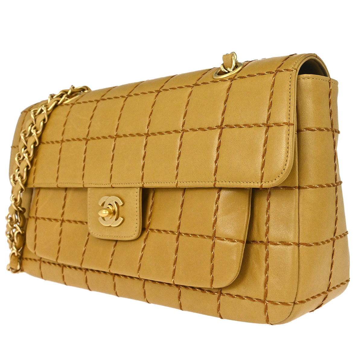 Chanel 2000-2001 Beige Lambskin Wild Stitch Choco Bar Shoulder Bag