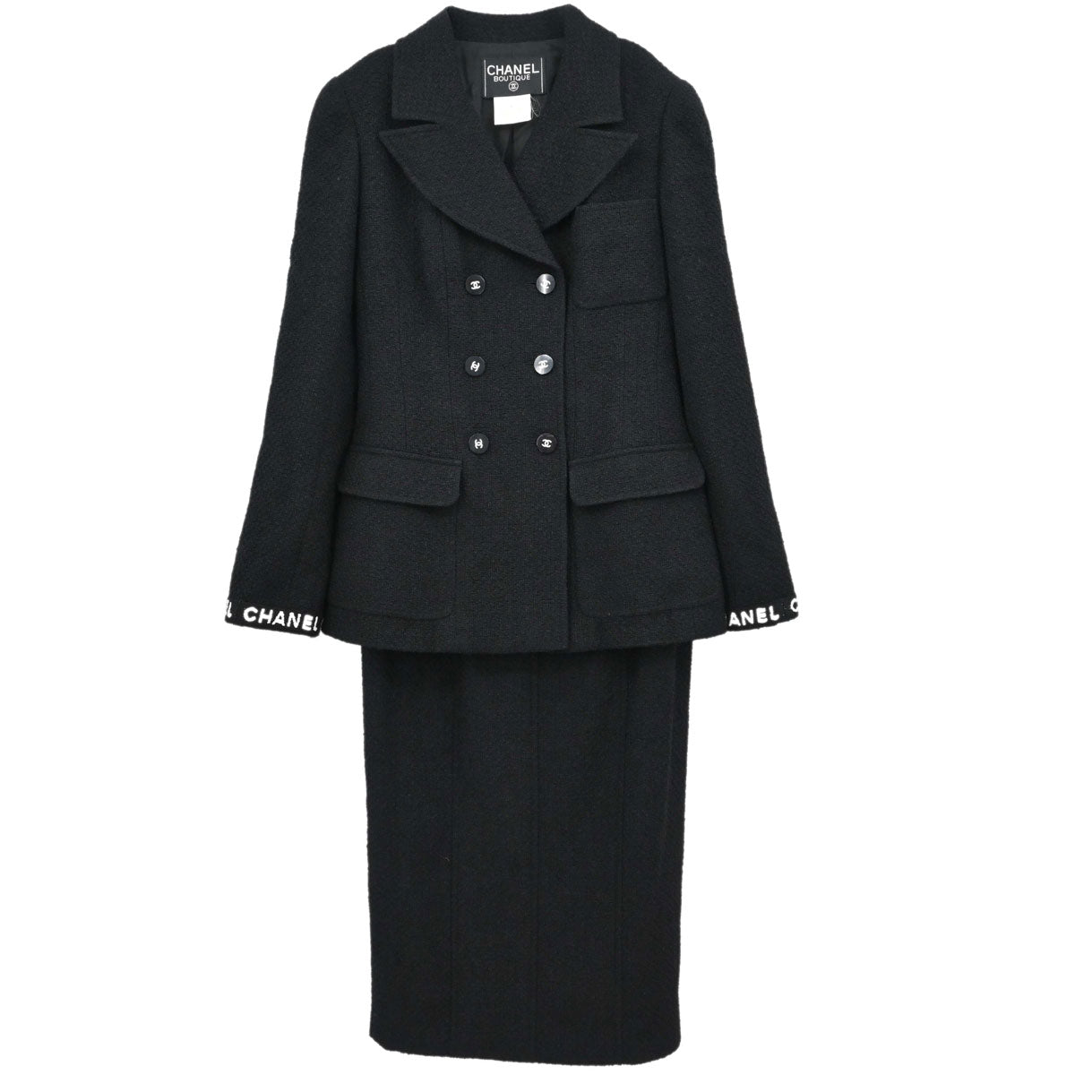 Chanel 1995 Setup Suit Jacket Skirt Tweed Black #38