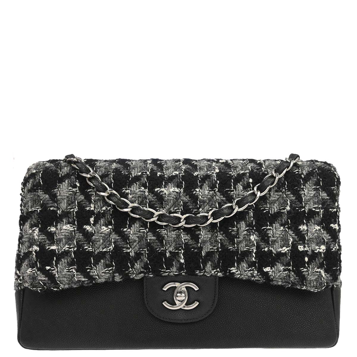 Chanel Black Caviar Skin Tweed Jumbo Classic Double Flap Shoulder Bag