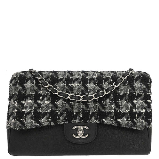 Chanel Black Caviar Skin Tweed Jumbo Classic Double Flap Shoulder Bag