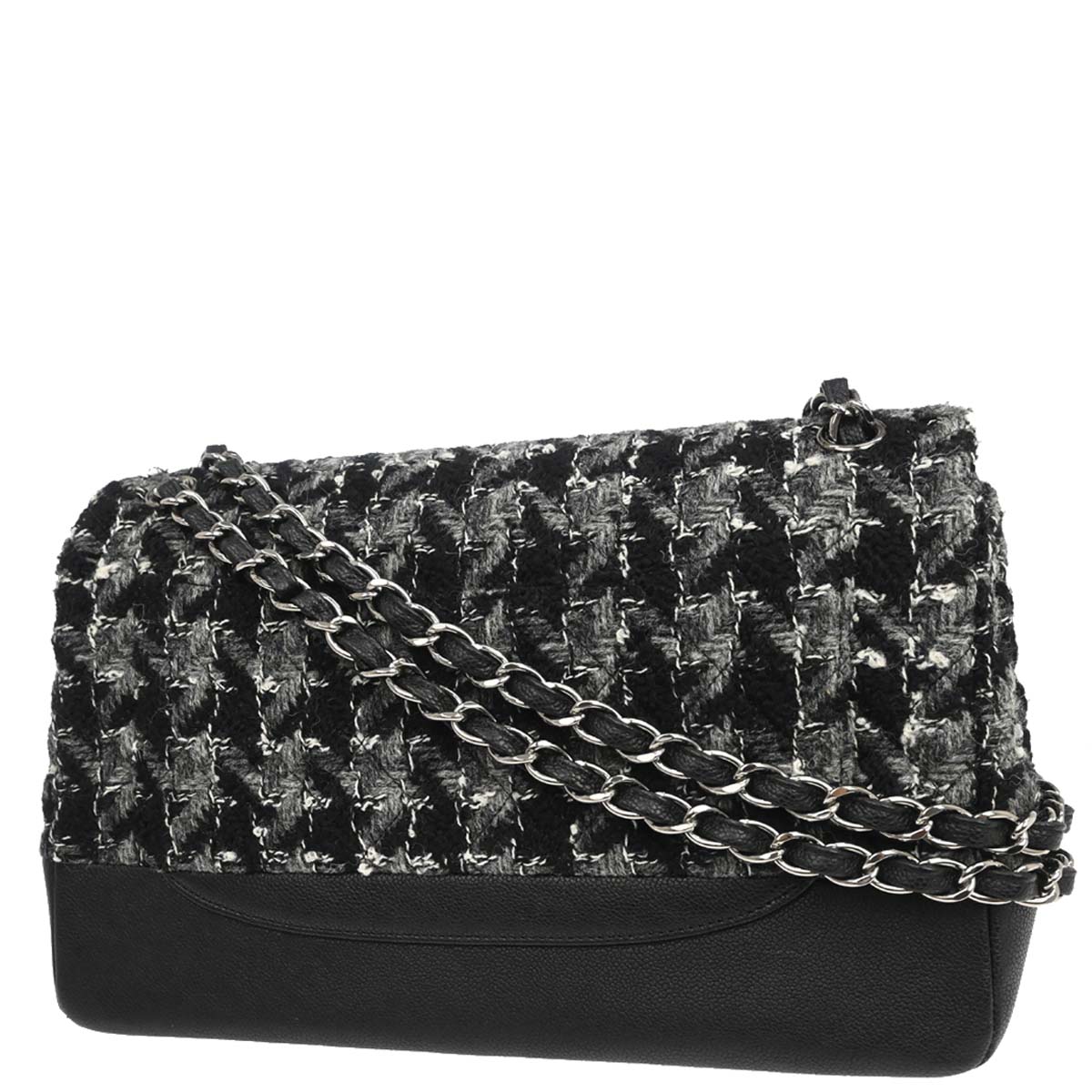 Chanel Black Caviar Skin Tweed Jumbo Classic Double Flap Shoulder Bag