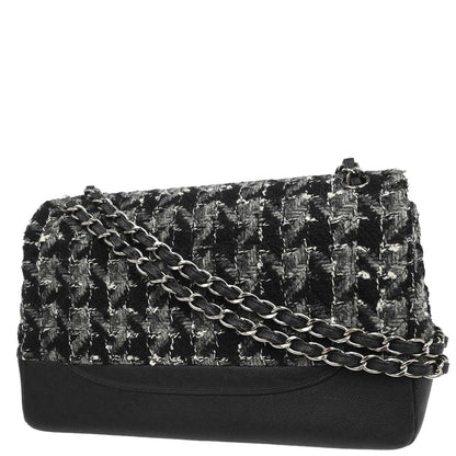 Chanel Black Caviar Skin Tweed Jumbo Classic Double Flap Shoulder Bag