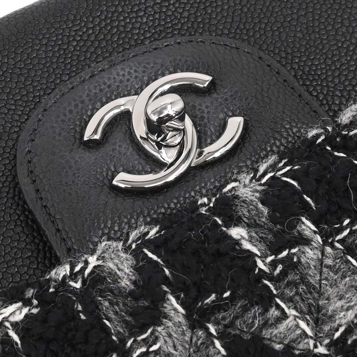 Chanel Black Caviar Skin Tweed Jumbo Classic Double Flap Shoulder Bag