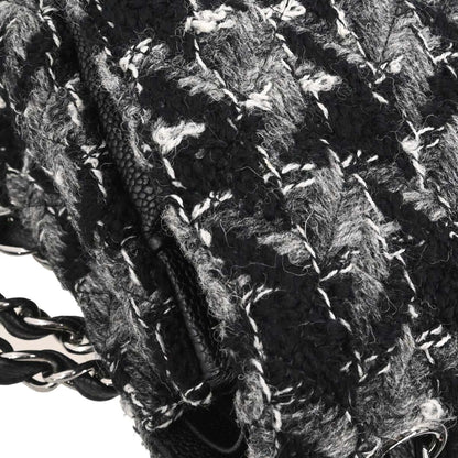 Chanel Black Caviar Skin Tweed Jumbo Classic Double Flap Shoulder Bag