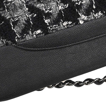 Chanel Black Caviar Skin Tweed Jumbo Classic Double Flap Shoulder Bag