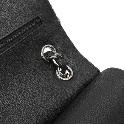 Chanel Black Caviar Skin Tweed Jumbo Classic Double Flap Shoulder Bag