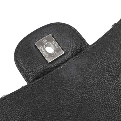 Chanel Black Caviar Skin Tweed Jumbo Classic Double Flap Shoulder Bag