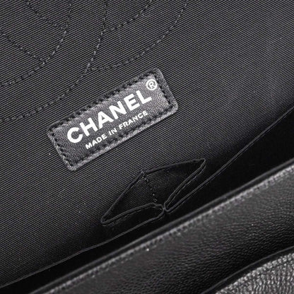 Chanel Black Caviar Skin Tweed Jumbo Classic Double Flap Shoulder Bag