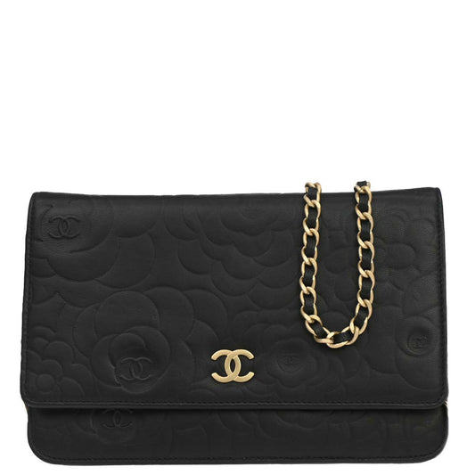 Chanel 2012 Black Lambskin Camellia WOC Wallet on Chain Bag