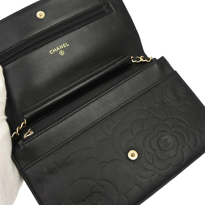 Chanel 2012 Black Lambskin Camellia WOC Wallet on Chain Bag