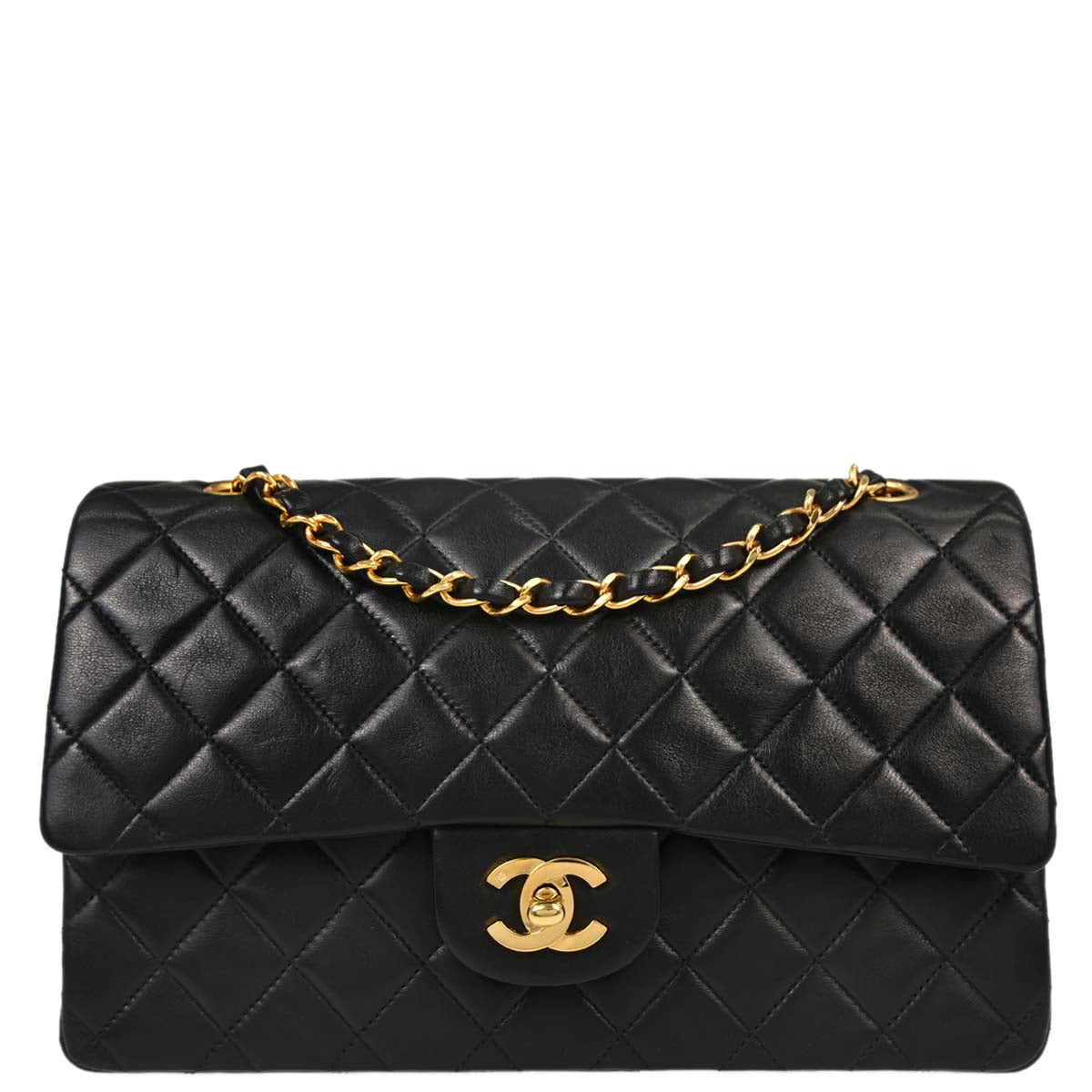 Chanel 1997-1999 Black Lambskin Medium Classic Double Flap Shoulder Bag